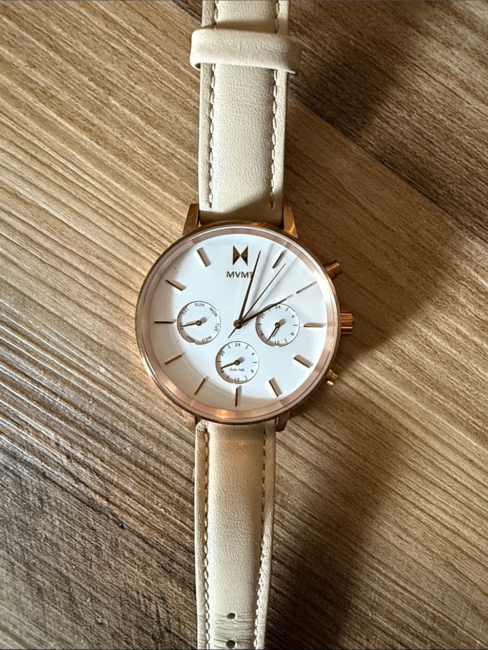 MVMT Rose Gold Case White Dial Cream Leather Strap Watch